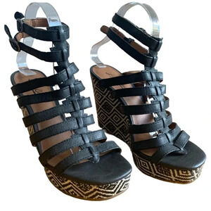 Lucky Brand Strappy Black Espadrille with Ikat Design Pattern Heel, Size 8